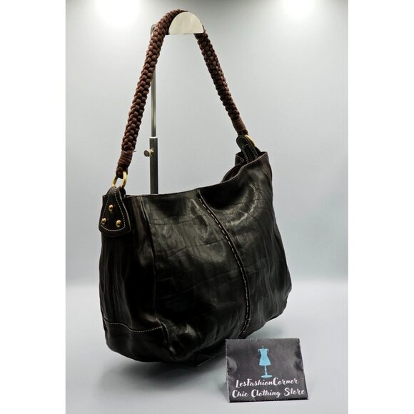 Christopher Kon Women's Brown Leather Braided Handle Shoulder Boho Bag Sz L 2561 - Picture 3 of 11